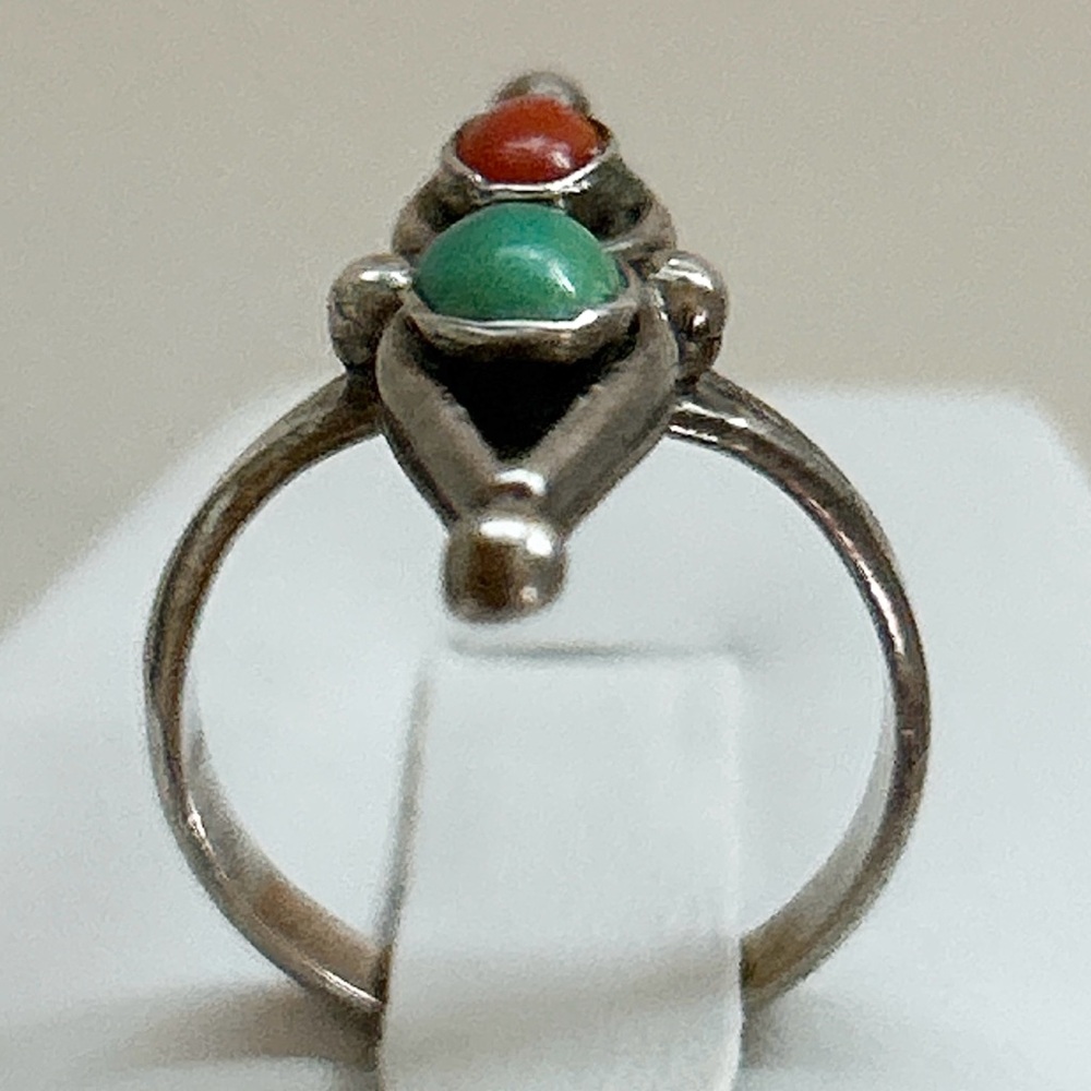 Vintage Southwestern Coral Turquoise Sterling Silver Ring - Picture 6 of 10